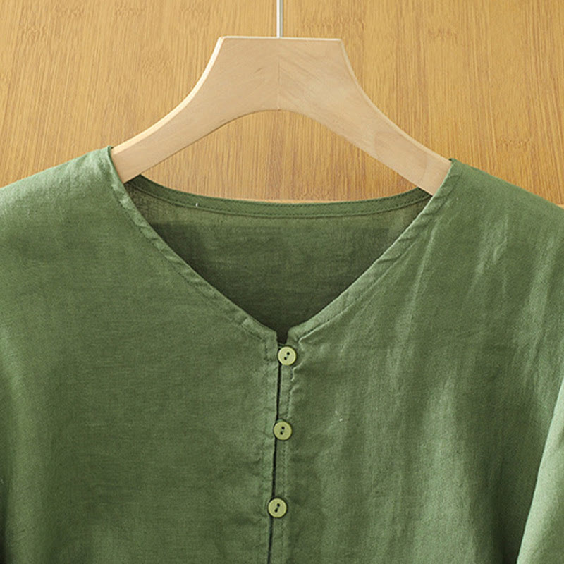 Koszula damska z okrągłym dekoltem w serek i krótkim rękawem "Buddha Stones" z solidnymi guzikami - image 17