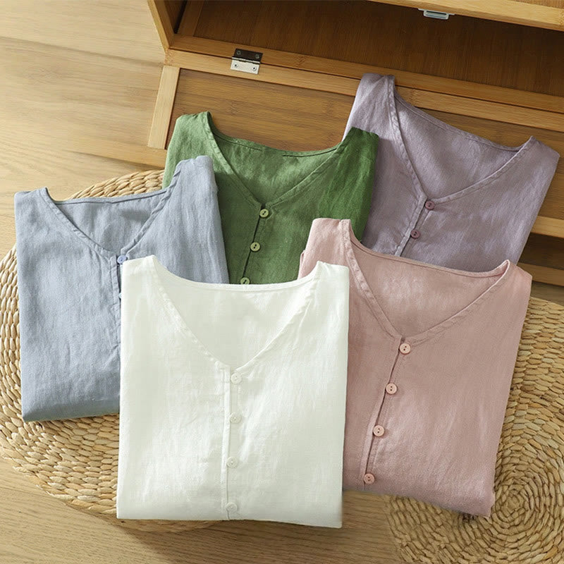 Koszula damska z okrągłym dekoltem w serek i krótkim rękawem "Buddha Stones" z solidnymi guzikami - image 31