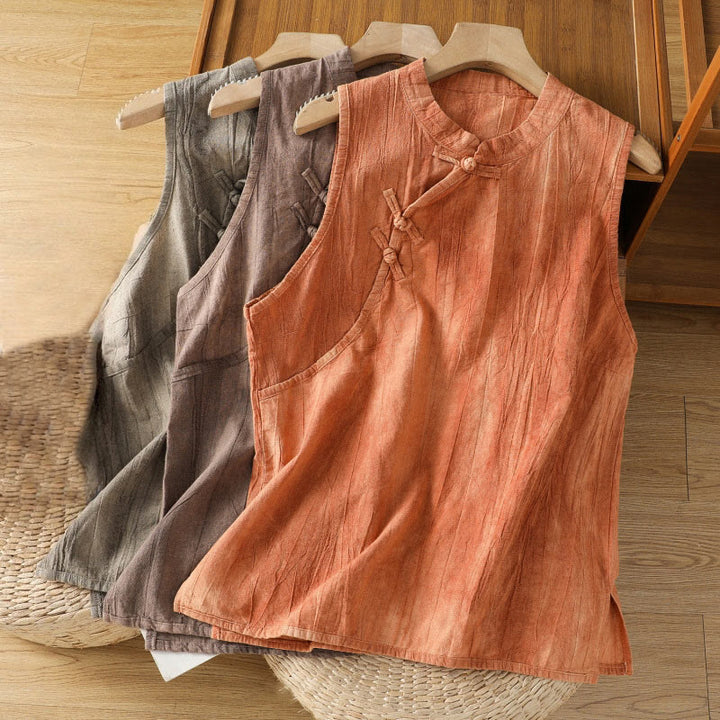 Buddha Stones w stylu retro, damska bawełniana kamizelka bez rękawów z żabą i guzikami - image 1