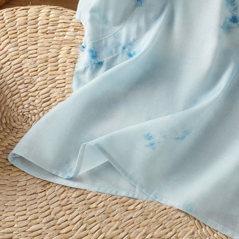 Koszula damska bez rękawów z jasnoniebieskim nadrukiem „ Buddha Stones” z żabim guzikiem - image 10