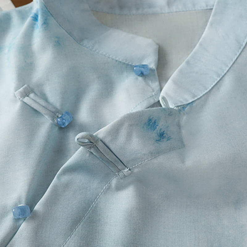 Koszula damska bez rękawów z jasnoniebieskim nadrukiem „ Buddha Stones” z żabim guzikiem - image 7