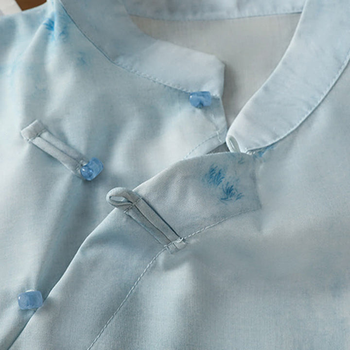 Koszula damska bez rękawów z jasnoniebieskim nadrukiem „ Buddha Stones” z żabim guzikiem - image 6