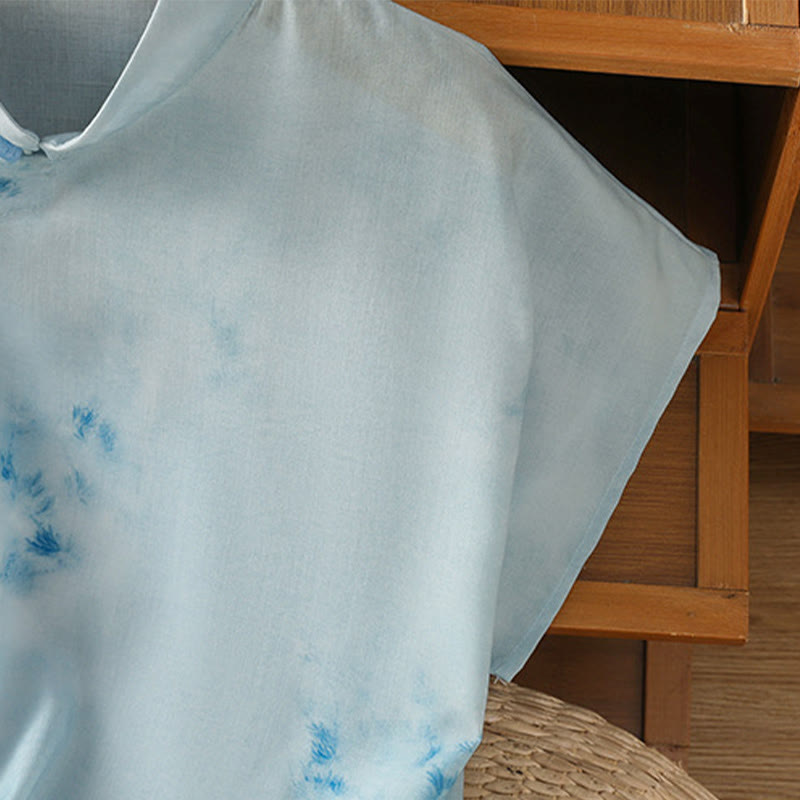 Koszula damska bez rękawów z jasnoniebieskim nadrukiem „ Buddha Stones” z żabim guzikiem - image 8