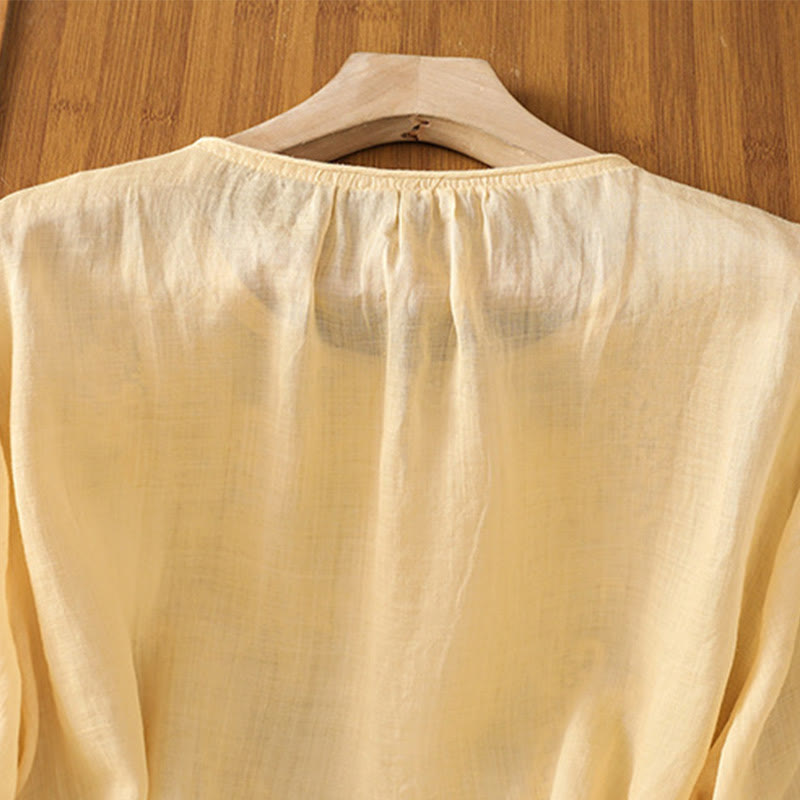 Koszula damska bawełniana z haftowanymi guzikami i okrągłym dekoltem, z rękawami trzy czwarte, z motywem Buddha Stones i pnączy - image 6