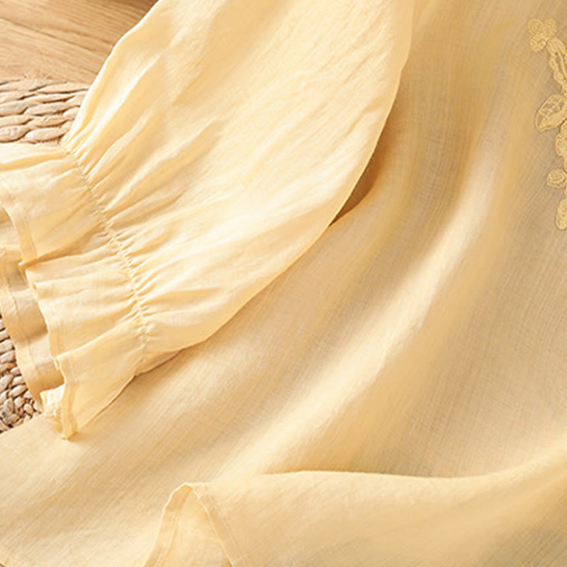 Koszula damska bawełniana z haftowanymi guzikami i okrągłym dekoltem, z rękawami trzy czwarte, z motywem Buddha Stones i pnączy - image 7