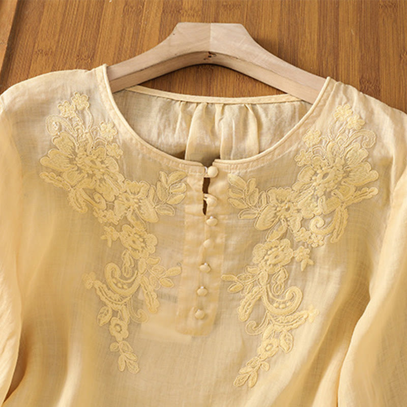 Koszula damska bawełniana z haftowanymi guzikami i okrągłym dekoltem, z rękawami trzy czwarte, z motywem Buddha Stones i pnączy - image 4