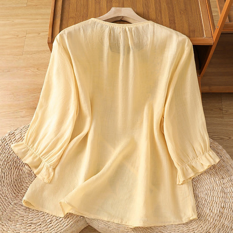 Koszula damska bawełniana z haftowanymi guzikami i okrągłym dekoltem, z rękawami trzy czwarte, z motywem Buddha Stones i pnączy - image 3