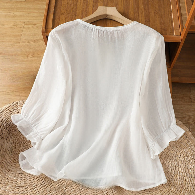 Koszula damska bawełniana z haftowanymi guzikami i okrągłym dekoltem, z rękawami trzy czwarte, z motywem Buddha Stones i pnączy - image 10