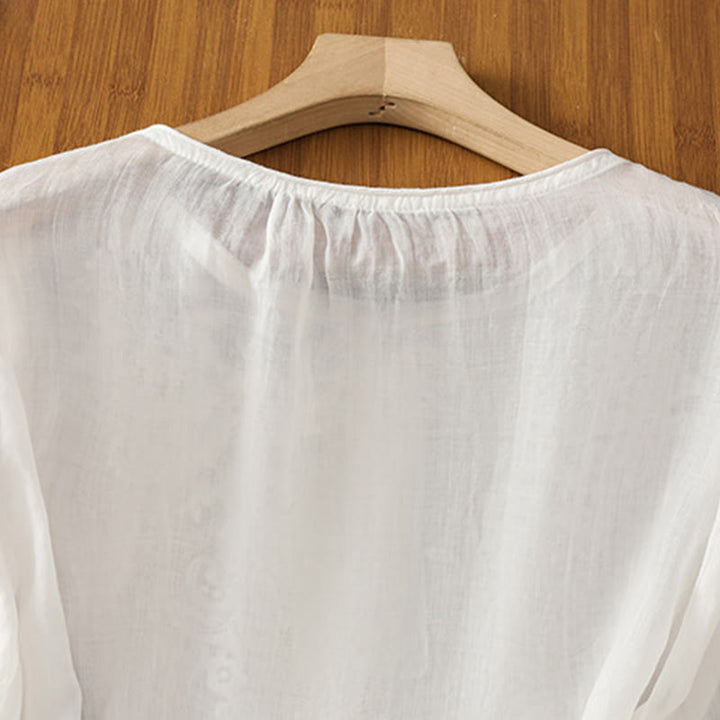 Koszula damska bawełniana z haftowanymi guzikami i okrągłym dekoltem, z rękawami trzy czwarte, z motywem Buddha Stones i pnączy - image 13