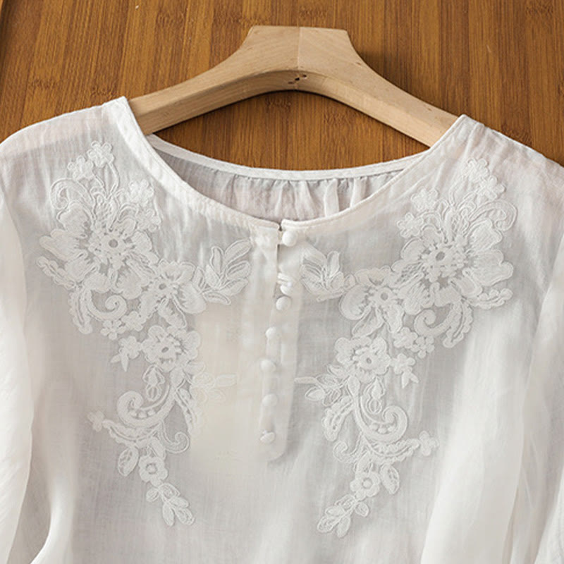 Koszula damska bawełniana z haftowanymi guzikami i okrągłym dekoltem, z rękawami trzy czwarte, z motywem Buddha Stones i pnączy - image 11