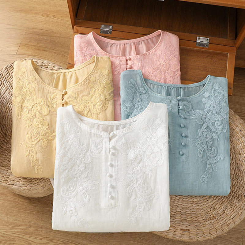 Koszula damska bawełniana z haftowanymi guzikami i okrągłym dekoltem, z rękawami trzy czwarte, z motywem Buddha Stones i pnączy - image 34