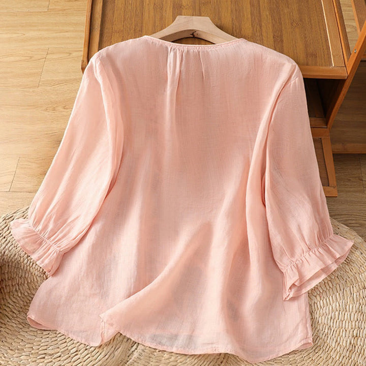 Koszula damska bawełniana z haftowanymi guzikami i okrągłym dekoltem, z rękawami trzy czwarte, z motywem Buddha Stones i pnączy - image 18