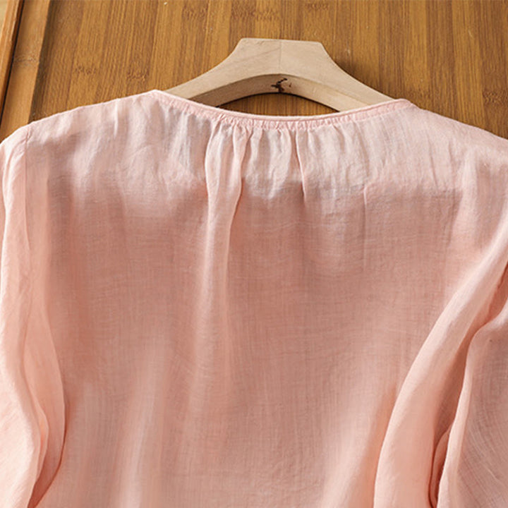 Koszula damska bawełniana z haftowanymi guzikami i okrągłym dekoltem, z rękawami trzy czwarte, z motywem Buddha Stones i pnączy - image 20