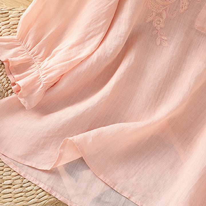 Koszula damska bawełniana z haftowanymi guzikami i okrągłym dekoltem, z rękawami trzy czwarte, z motywem Buddha Stones i pnączy - image 23