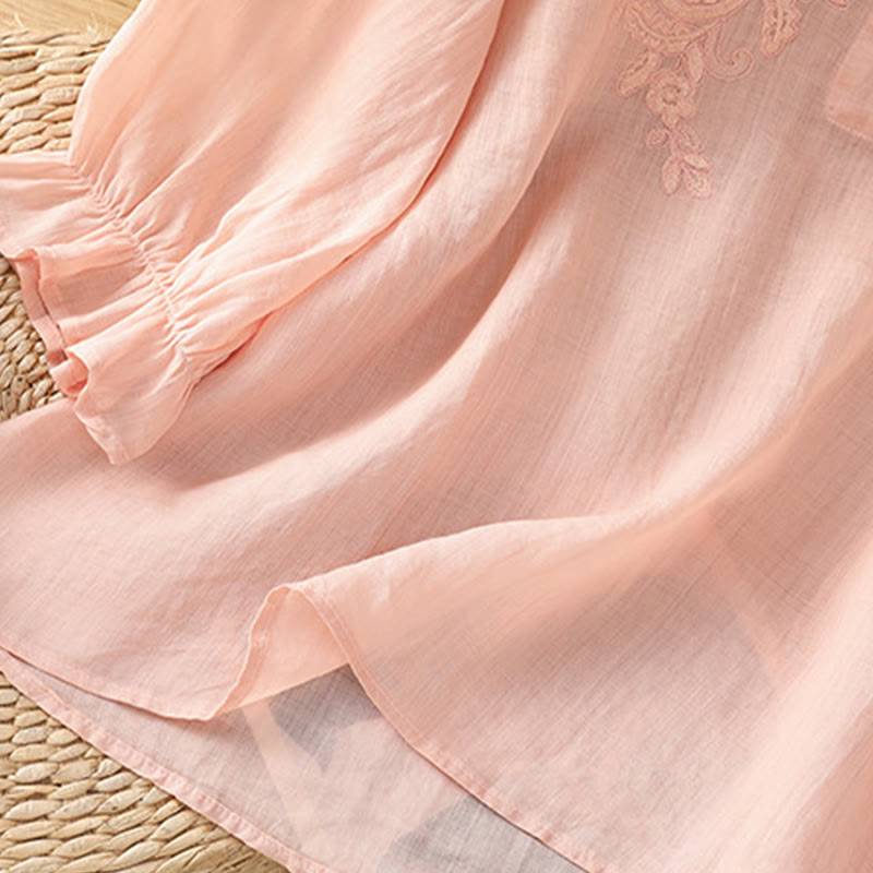 Koszula damska bawełniana z haftowanymi guzikami i okrągłym dekoltem, z rękawami trzy czwarte, z motywem Buddha Stones i pnączy - image 24