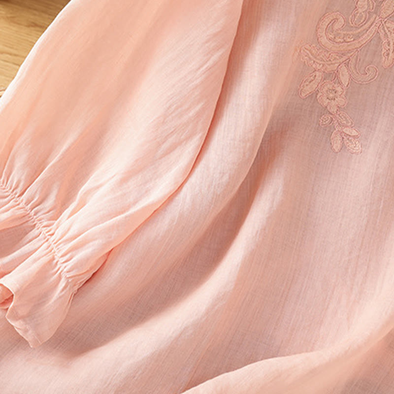 Koszula damska bawełniana z haftowanymi guzikami i okrągłym dekoltem, z rękawami trzy czwarte, z motywem Buddha Stones i pnączy - image 22