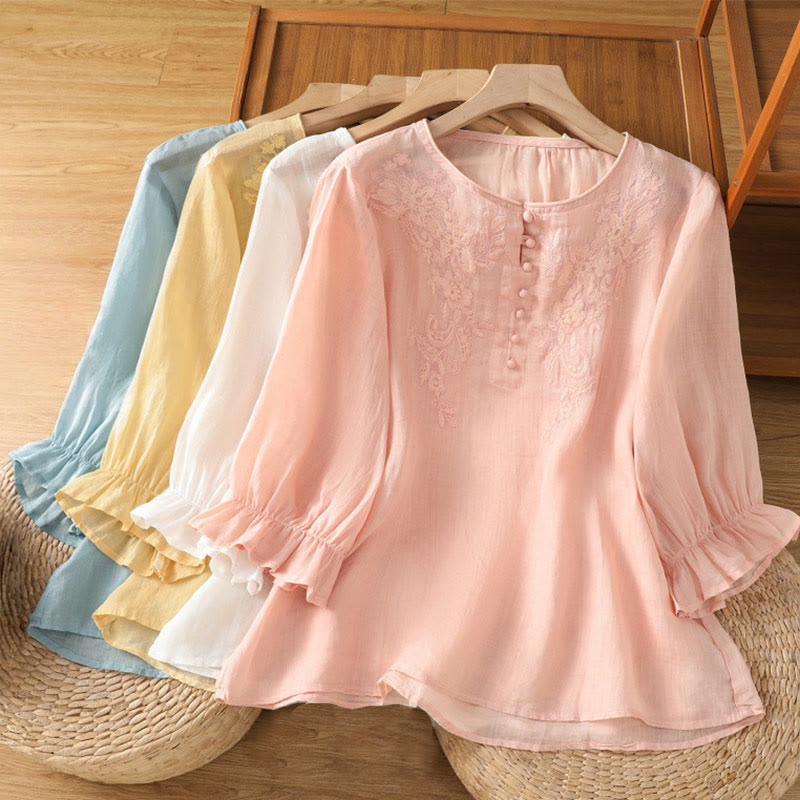 Koszula damska bawełniana z haftowanymi guzikami i okrągłym dekoltem, z rękawami trzy czwarte, z motywem Buddha Stones i pnączy - image 2