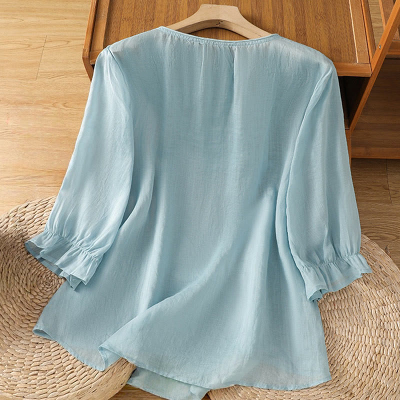 Koszula damska bawełniana z haftowanymi guzikami i okrągłym dekoltem, z rękawami trzy czwarte, z motywem Buddha Stones i pnączy - image 26