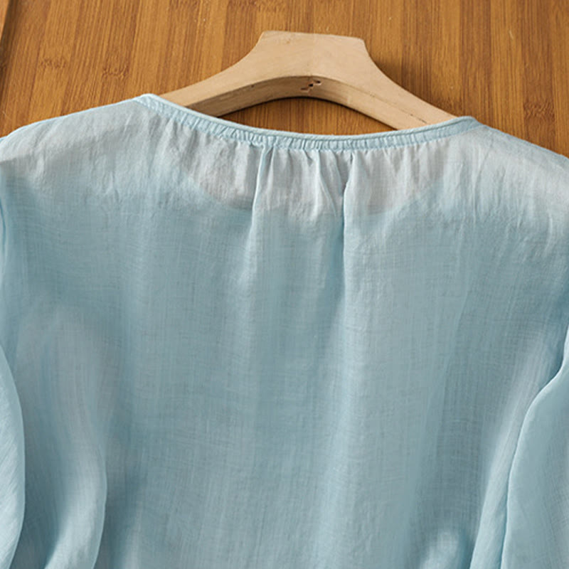 Koszula damska bawełniana z haftowanymi guzikami i okrągłym dekoltem, z rękawami trzy czwarte, z motywem Buddha Stones i pnączy - image 28