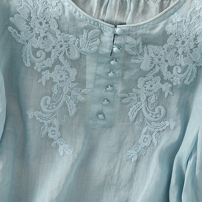 Koszula damska bawełniana z haftowanymi guzikami i okrągłym dekoltem, z rękawami trzy czwarte, z motywem Buddha Stones i pnączy - image 31