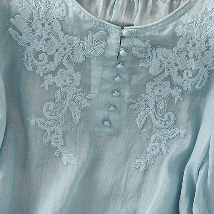 Koszula damska bawełniana z haftowanymi guzikami i okrągłym dekoltem, z rękawami trzy czwarte, z motywem Buddha Stones i pnączy - image 31