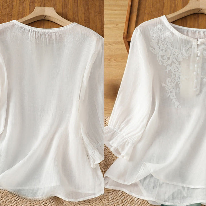 Koszula damska bawełniana z haftowanymi guzikami i okrągłym dekoltem, z rękawami trzy czwarte, z motywem Buddha Stones i pnączy - image 17