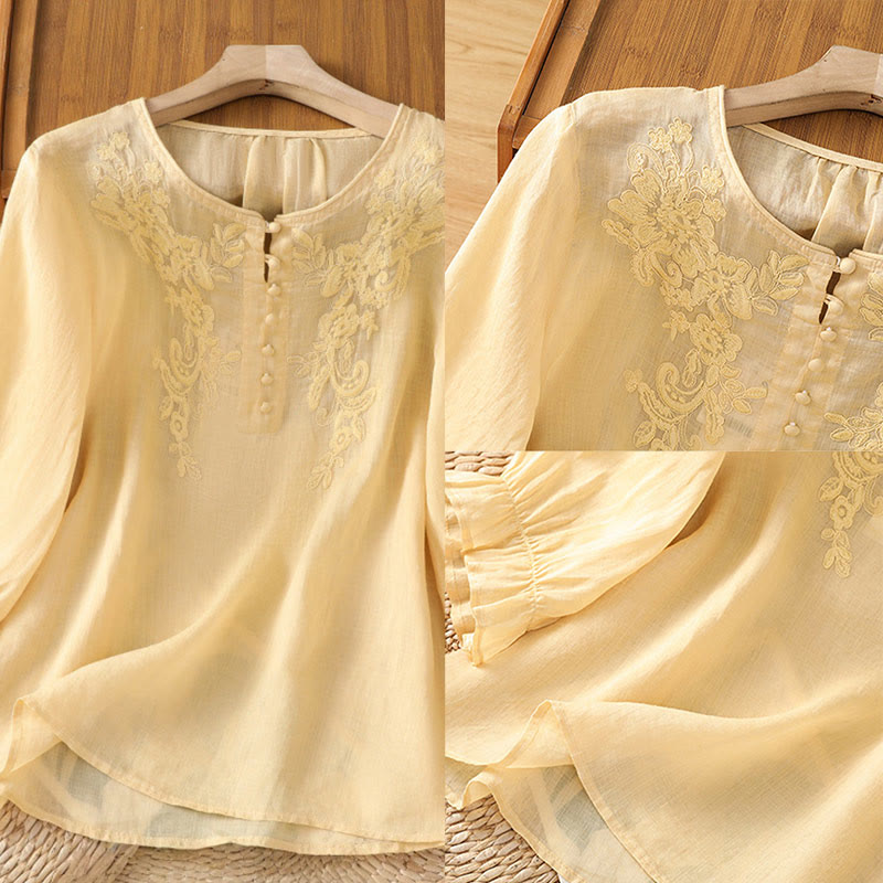 Koszula damska bawełniana z haftowanymi guzikami i okrągłym dekoltem, z rękawami trzy czwarte, z motywem Buddha Stones i pnączy - image 3