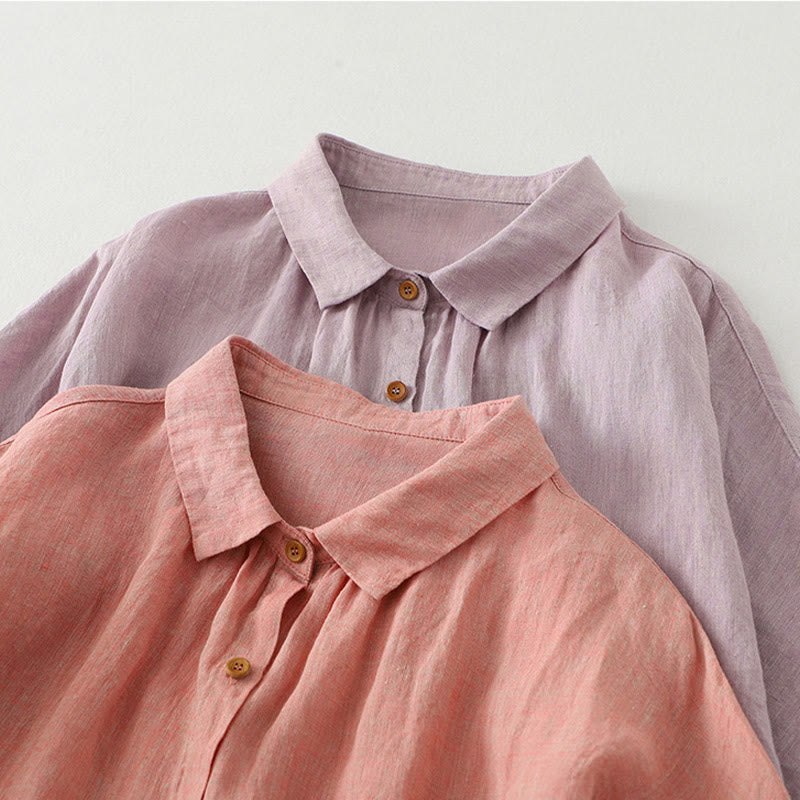 Koszula damska z bawełny i lnu z krótkim rękawem i prostymi guzikami "Buddha Stones" - image 19