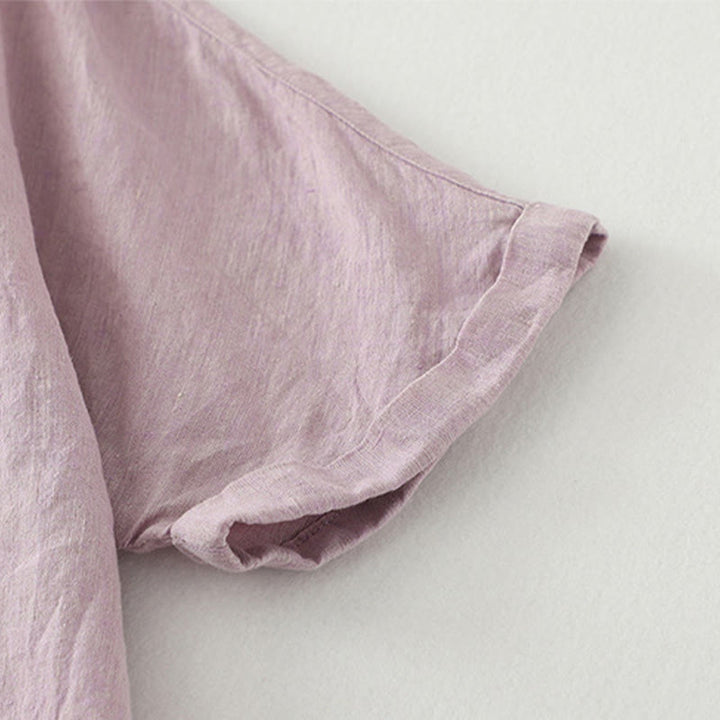 Koszula damska z bawełny i lnu z krótkim rękawem i prostymi guzikami "Buddha Stones" - image 6