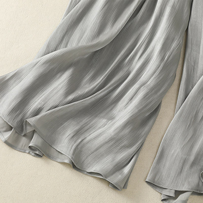 Spodnie damskie z szerokimi nogawkami i kieszeniami, plisowane, jasnoszare, z motywem Buddha Stones - image 12