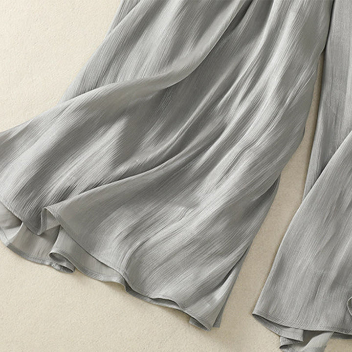 Spodnie damskie z szerokimi nogawkami i kieszeniami, plisowane, jasnoszare, z motywem Buddha Stones - image 12