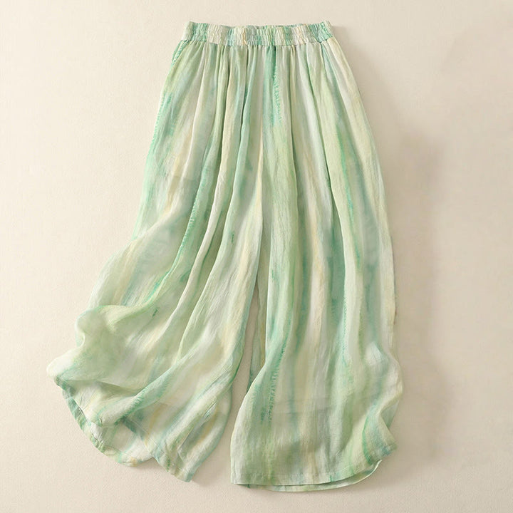 Spodnie damskie z szerokimi nogawkami, bawełniane i lniane, z kieszeniami i elastyczną talią, z Buddha Stones, o długości 7-8 - Jasnozielony - US8-10，UK/AU12-14，EU40-42 (2XL) - image 0