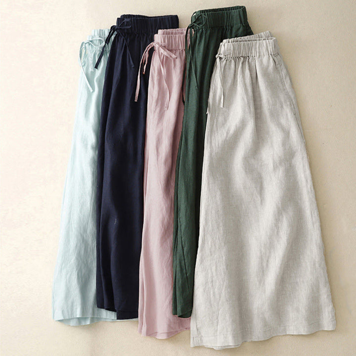 Damskie spodnie Capri z szerokimi nogawkami i kieszeniami, letnie, z elastyczną talią i kamieniami Buddha Stones - image 1