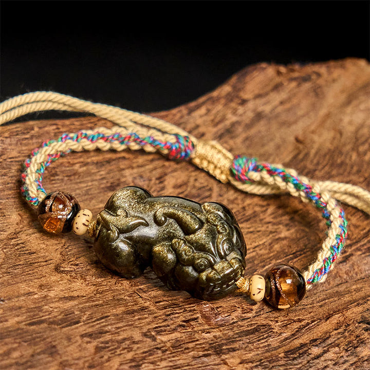 Bransoletka z liną PiXiu Wealth z Buddha Stones i złotym połyskiem obsydianu - image 3