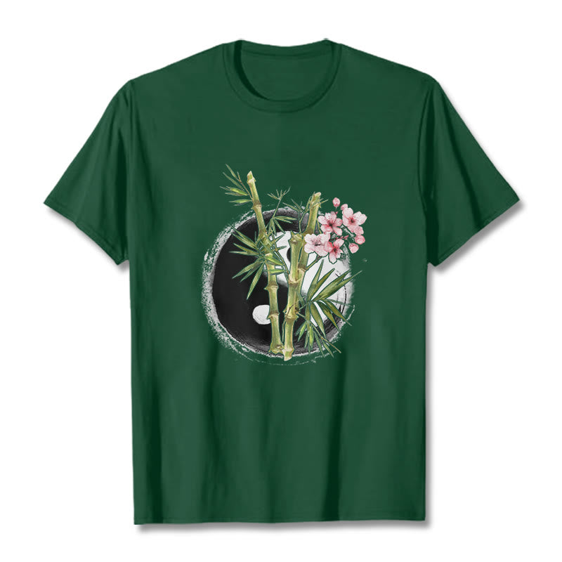 Koszulka z motywem kwiatów brzoskwini i bambusa z kamieniami Buddha Stones Yin Yang - ForestGreen - 2XL - image 11