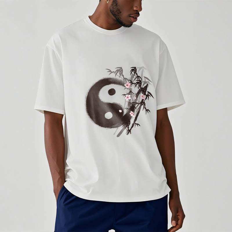 Buddha Stones Koszulka z nadrukiem Yin Yang Bamboo Cherry Blossom Pattern - image 1