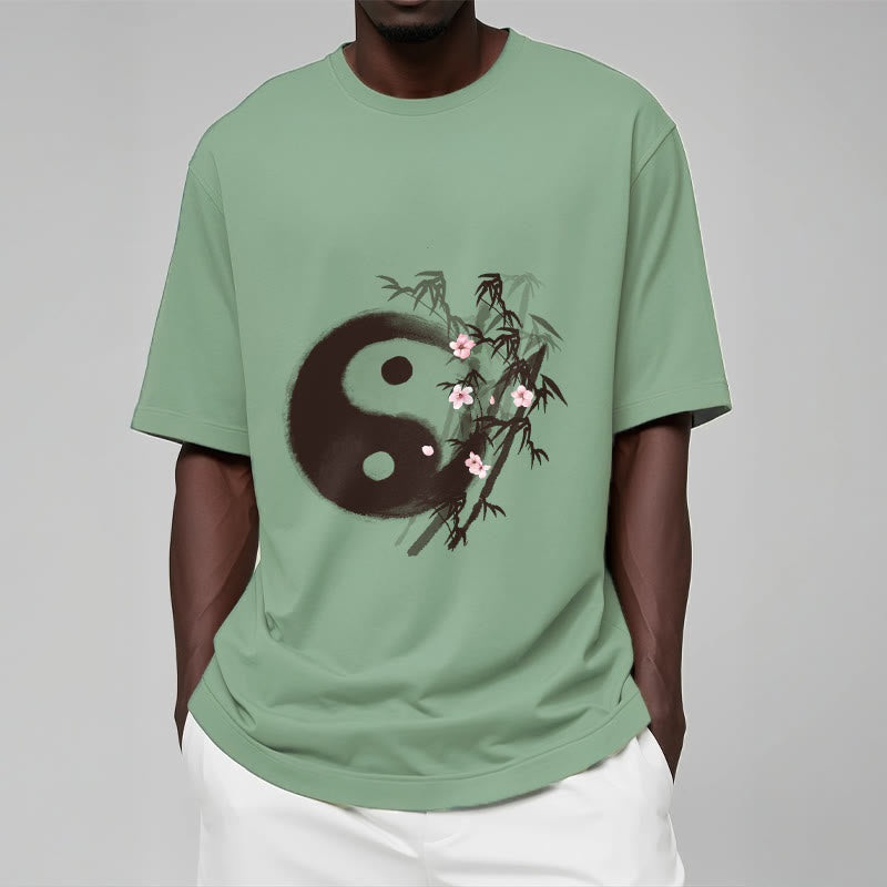 Buddha Stones Koszulka z nadrukiem Yin Yang Bamboo Cherry Blossom Pattern - image 14