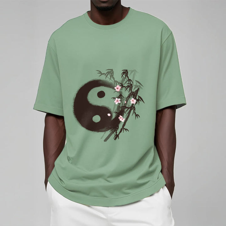 Buddha Stones Koszulka z nadrukiem Yin Yang Bamboo Cherry Blossom Pattern - image 14