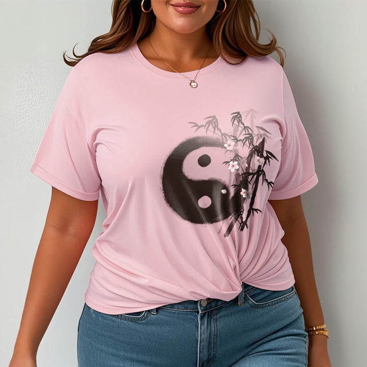Buddha Stones Koszulka z nadrukiem Yin Yang Bamboo Cherry Blossom Pattern - image 12