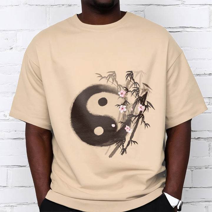 Buddha Stones Koszulka z nadrukiem Yin Yang Bamboo Cherry Blossom Pattern - image 8