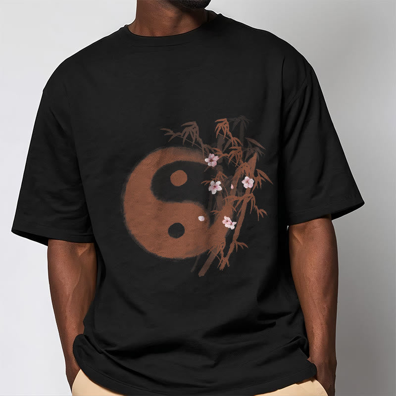 Buddha Stones Koszulka z nadrukiem Yin Yang Bamboo Cherry Blossom Pattern - image 4