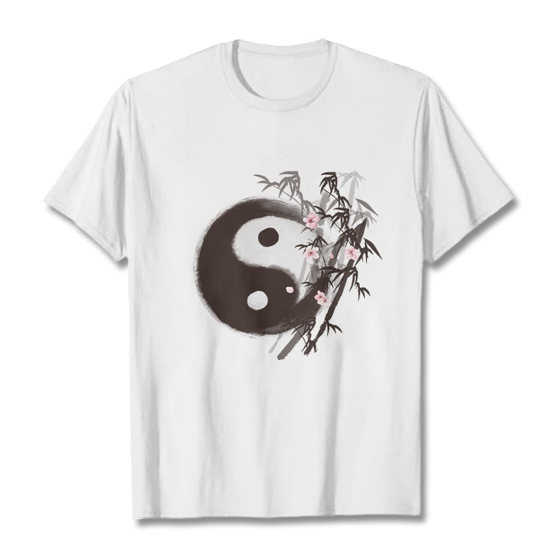 Buddha Stones Yin Yang Bamboo Cherry Blossom Pattern Tee T-shirt - White - 2XL - image 1