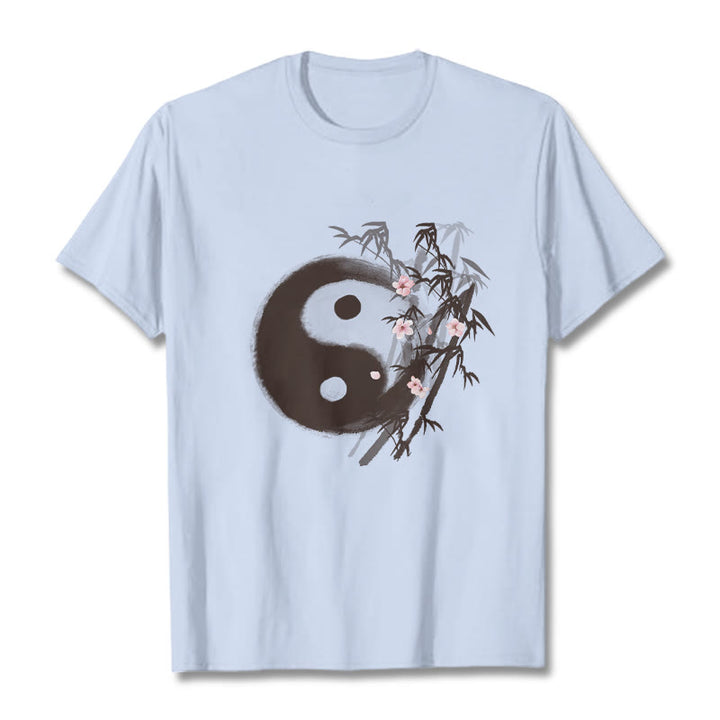 Buddha Stones Yin Yang Bamboo Cherry Blossom Pattern Tee T-shirt - LightCyan - 2XL - image 19