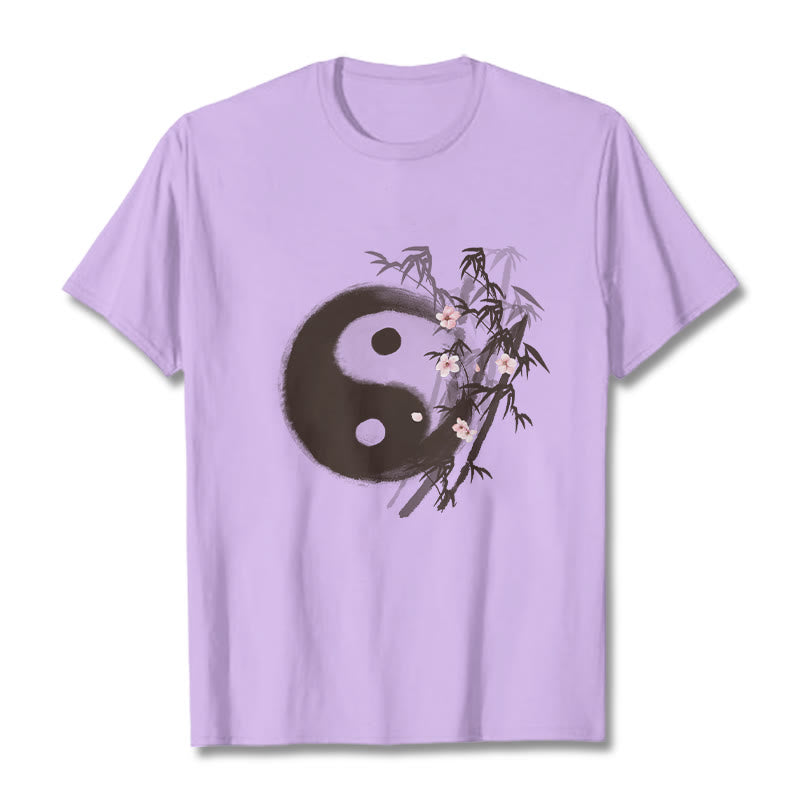 Buddha Stones Yin Yang Bamboo Cherry Blossom Pattern Tee T-shirt - Plum - 2XL - image 17