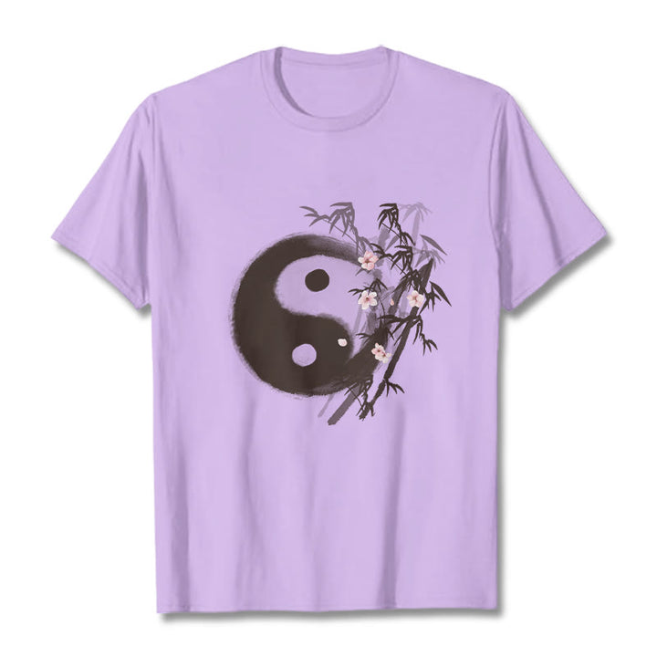 Buddha Stones Yin Yang Bamboo Cherry Blossom Pattern Tee T-shirt - Plum - 2XL - image 17