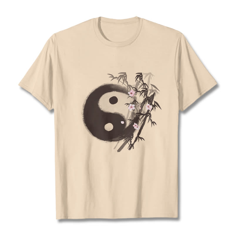 Buddha Stones Yin Yang Bamboo Cherry Blossom Pattern Tee T-shirt - Bisque - 2XL - image 9