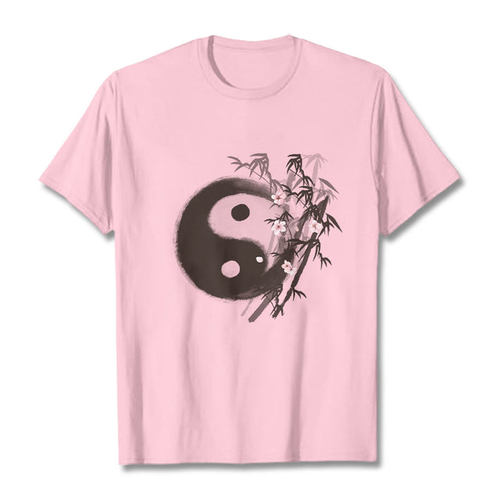 Buddha Stones Yin Yang Bamboo Cherry Blossom Pattern Tee T-shirt - LightPink - 2XL - image 13