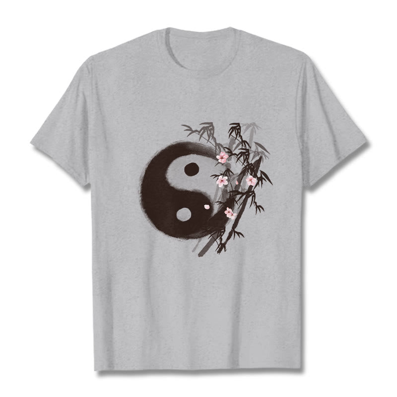 Buddha Stones Koszulka z nadrukiem Yin Yang Bamboo Cherry Blossom Pattern - Jasnoszary - 2XL - image 18