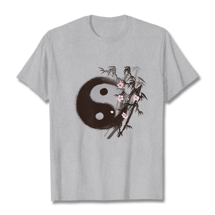 Buddha Stones Koszulka z nadrukiem Yin Yang Bamboo Cherry Blossom Pattern - Jasnoszary - 2XL - image 18