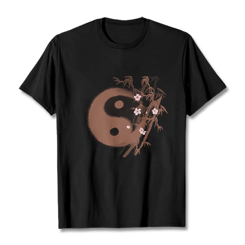 Buddha Stones Koszulka z nadrukiem Yin Yang Bamboo Cherry Blossom Pattern - Czarny - 2XL - image 3